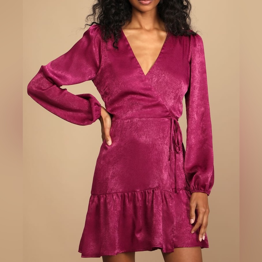 Magenta Purple Satin Long Sleeve Wrap Dress